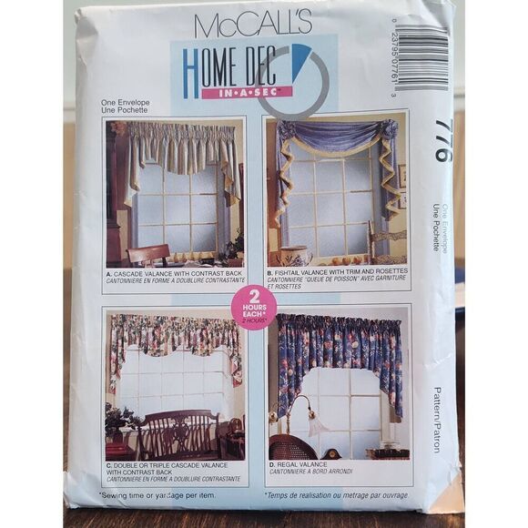 McCall's 8375/776 Window Treatment Valance Cascade Fishtail Regal Sewing Pattern - Picture 1 of 6